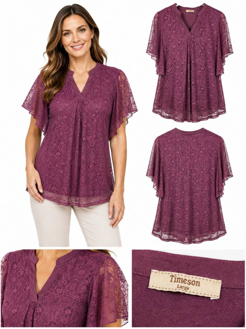 Timeson Lace Blouse Purple Flutter Sleeve Top L